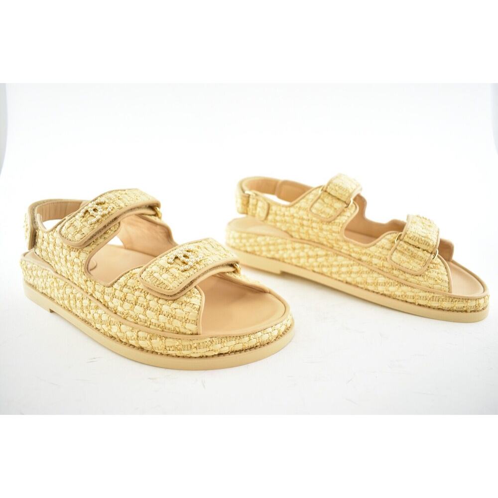 Chanel 21C Beige Raffia Pearl CC Logo Mule Slide Strap Flat Teva Dad Sandal 36 - Picture 4 of 12